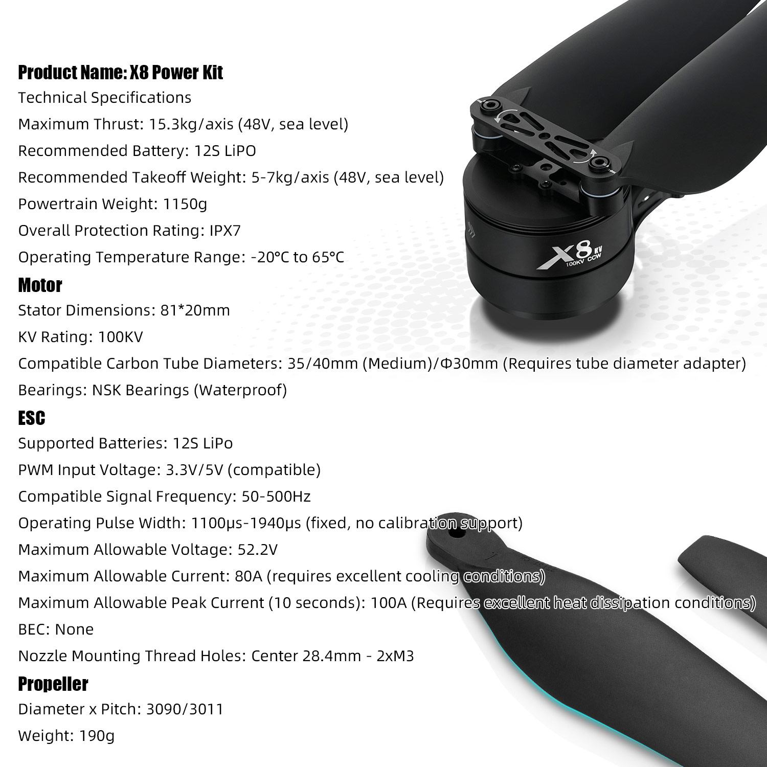 X8 パワーシステムキット：100KVモーター、80A ES - Drone Kit Heavy Lift のレビューと価格